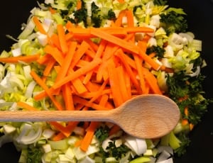 slice carrots and green vegetable with brown spoon thumbnail