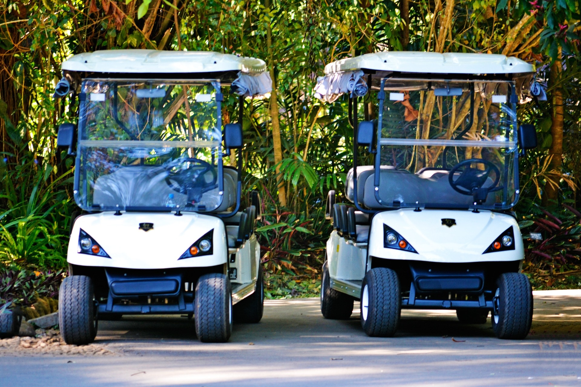 2 white golf cart on gray concrete road during daytime