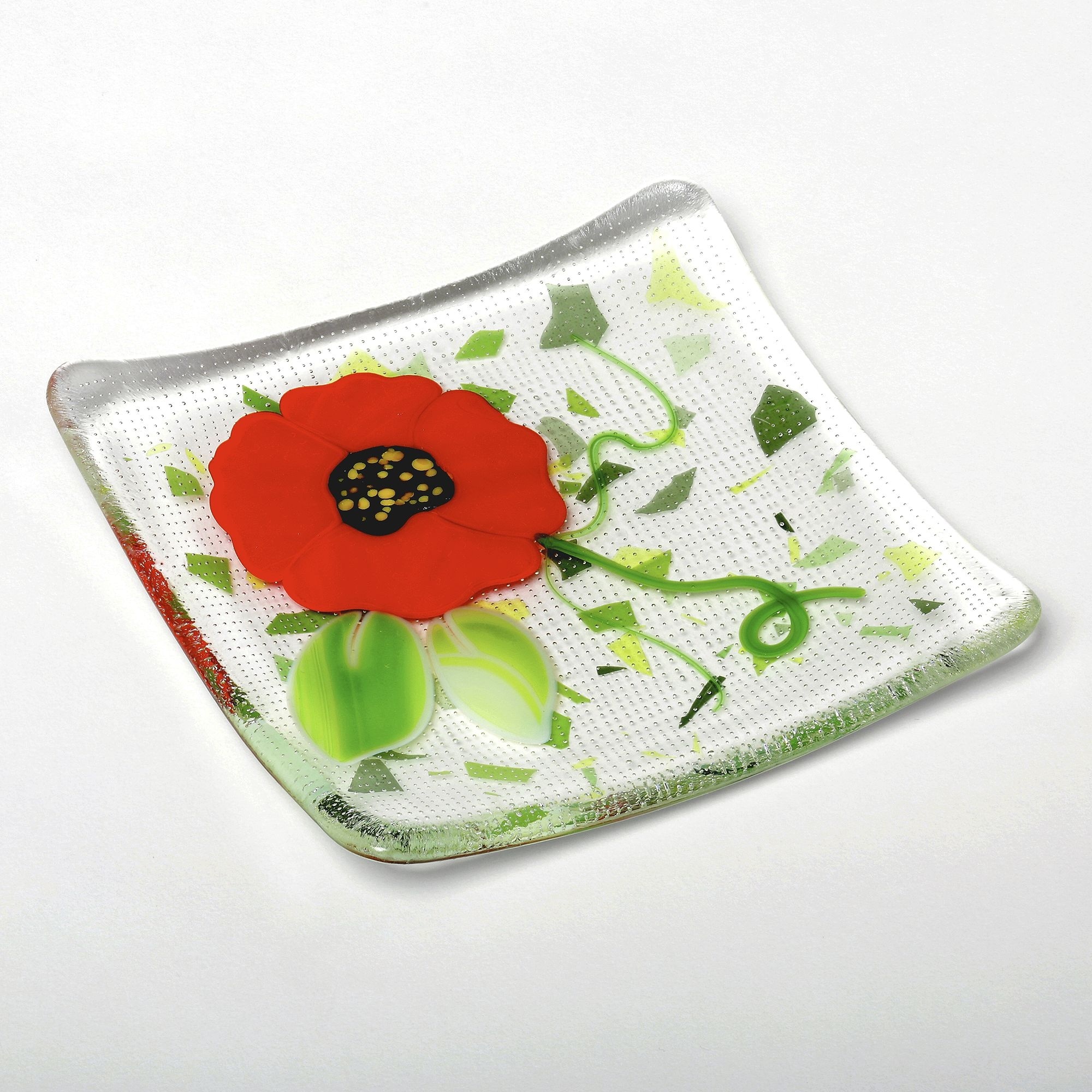 white green and red square floral plate