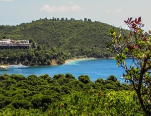 green trees covered mountain with building, blue sky and sea thumbnail