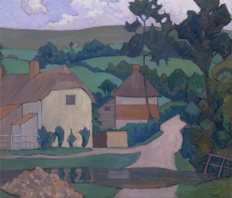 multi color artwork of homes and path with meadows preview