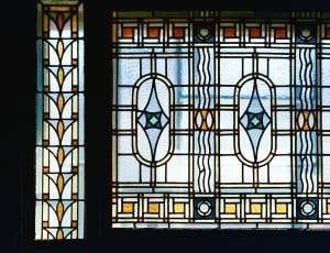 yellow blue and red tiffany window panel thumbnail