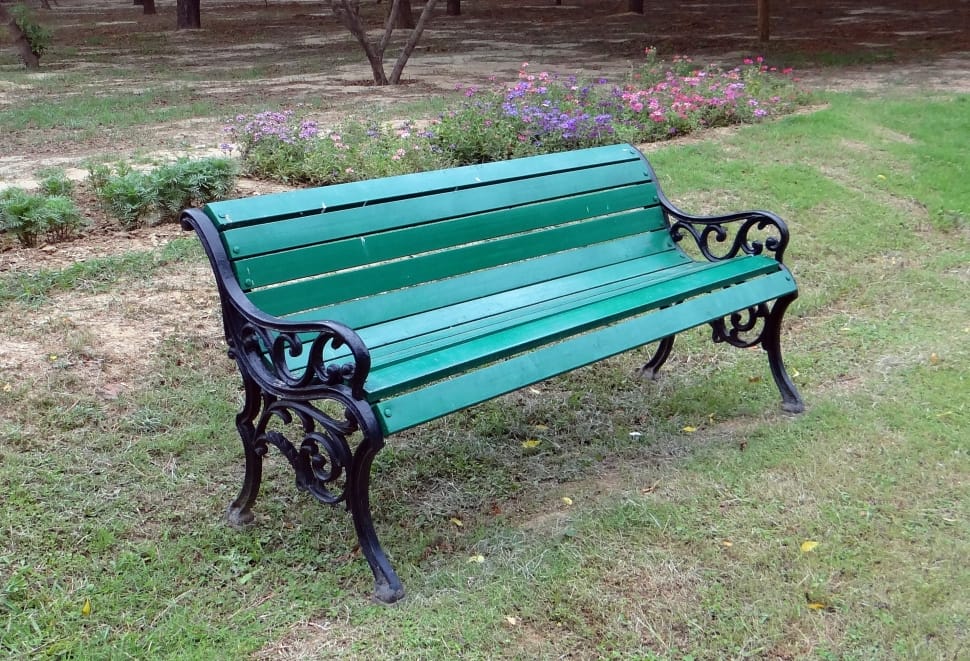 black wrought iron framed wooden bench preview