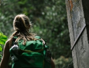shallow focus photography of woman in green hiking bag in green forest during daytime thumbnail