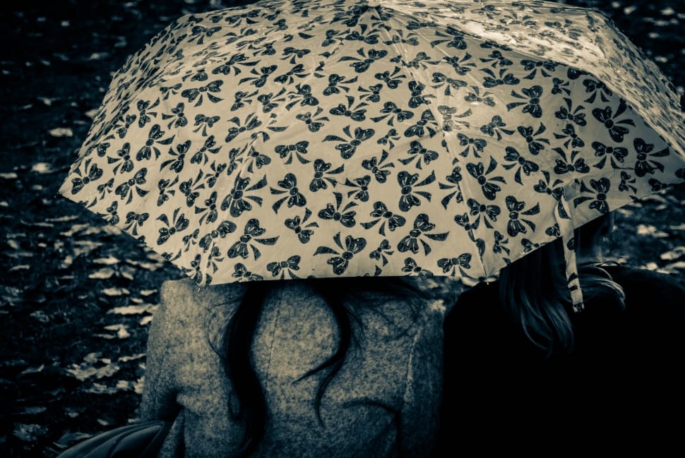 grayscale photo of person using umbrella with ribbon decors preview