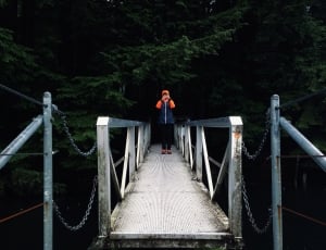 person on the gray metal bridge near pine trees thumbnail