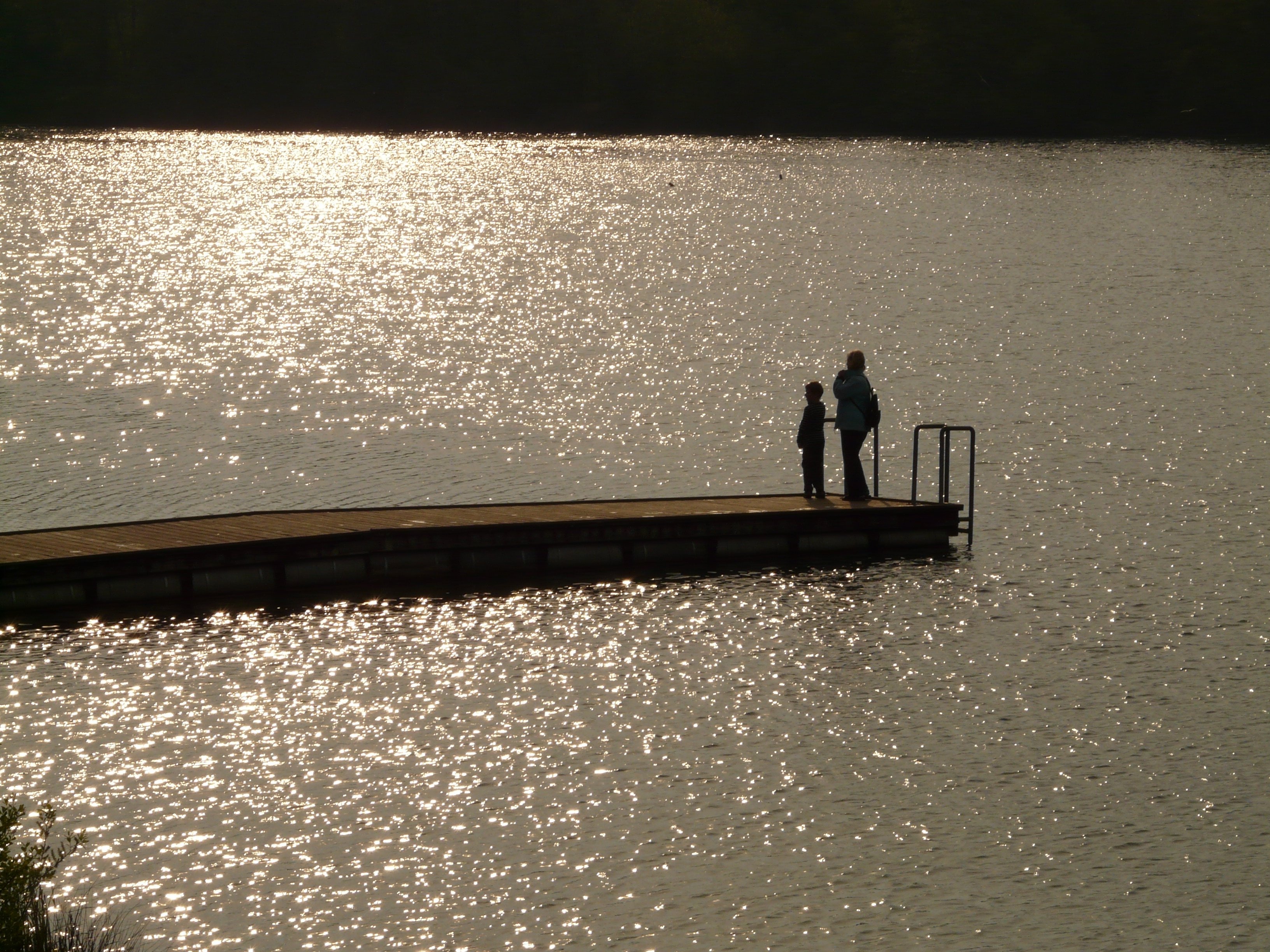 person and child standing on dock