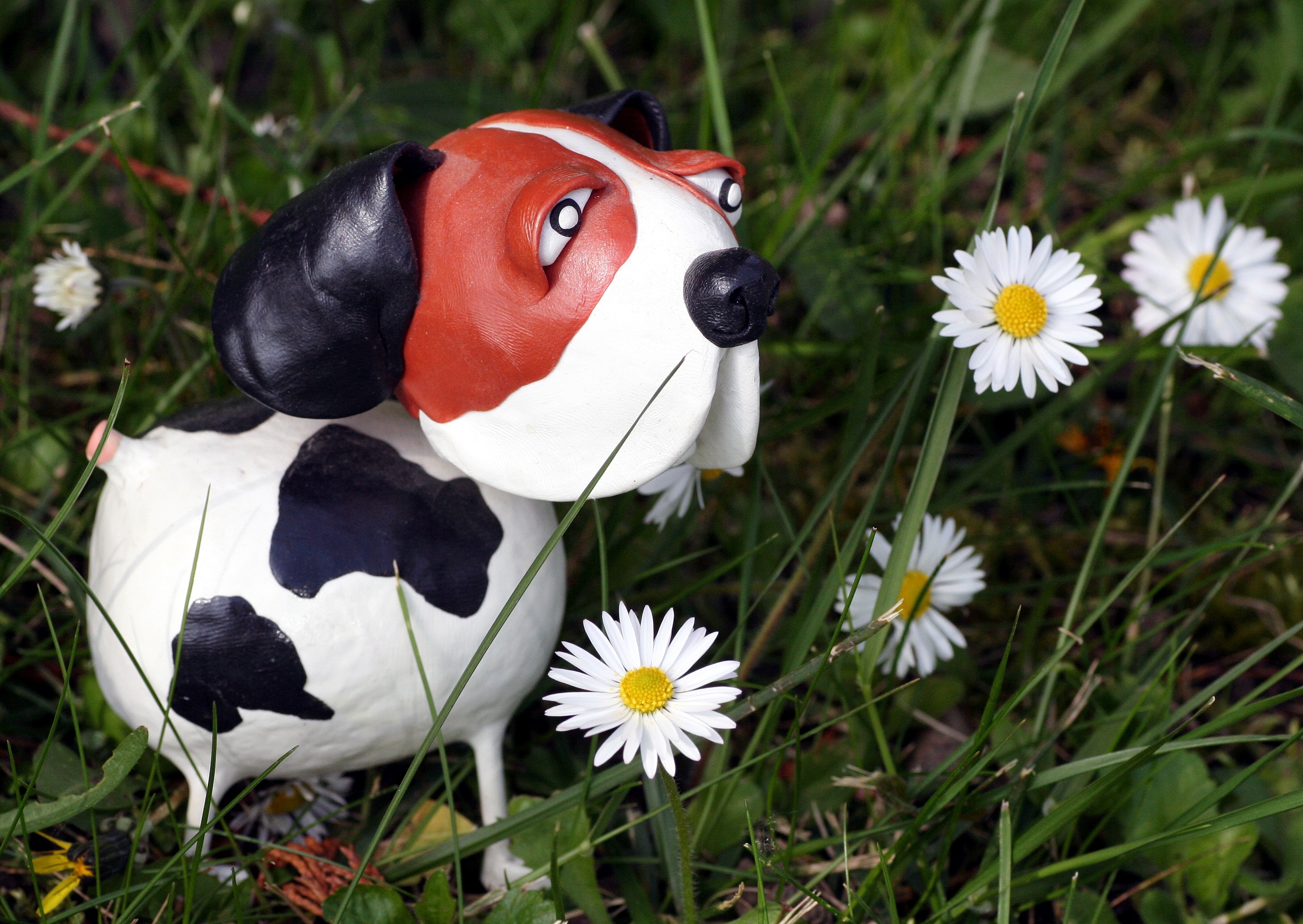 brown white and black dog figurine near with white daisy