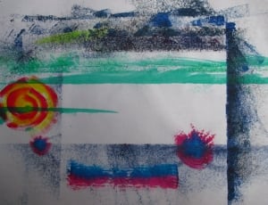 teal yellow red and blue abstract painting thumbnail