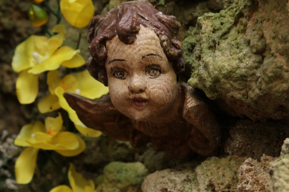 baby figurine and yellow petaled flower preview