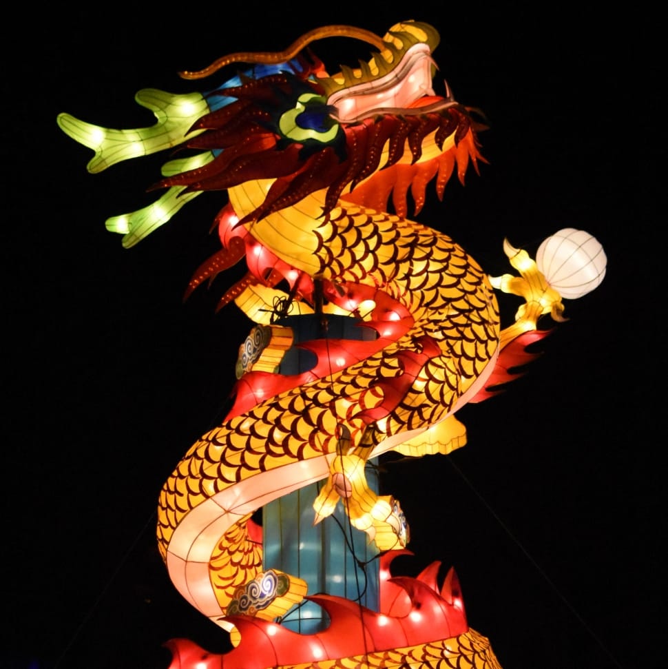 yellow black red and green dragon lantern preview