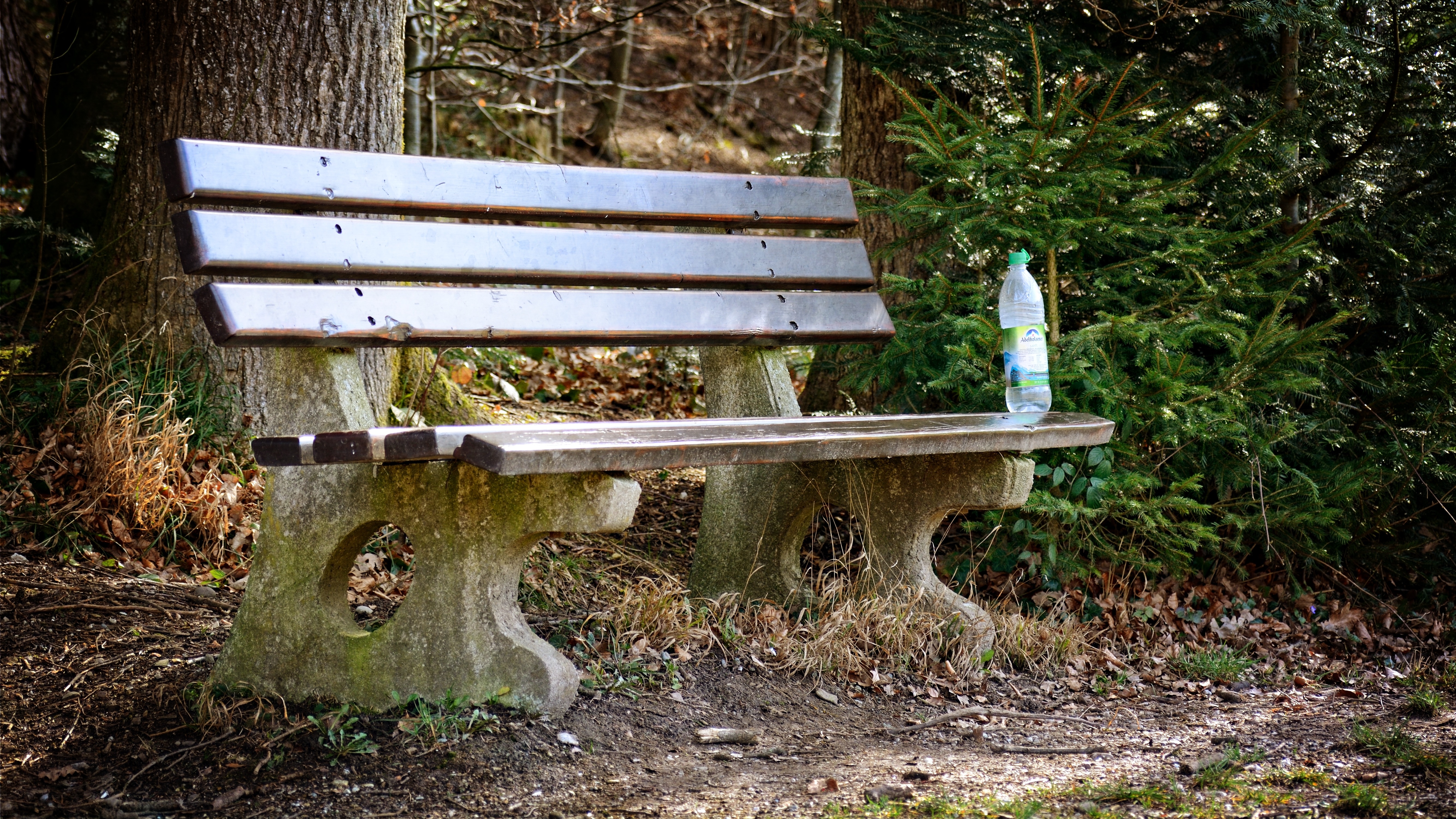 concrete bench and plastic drinking bottle