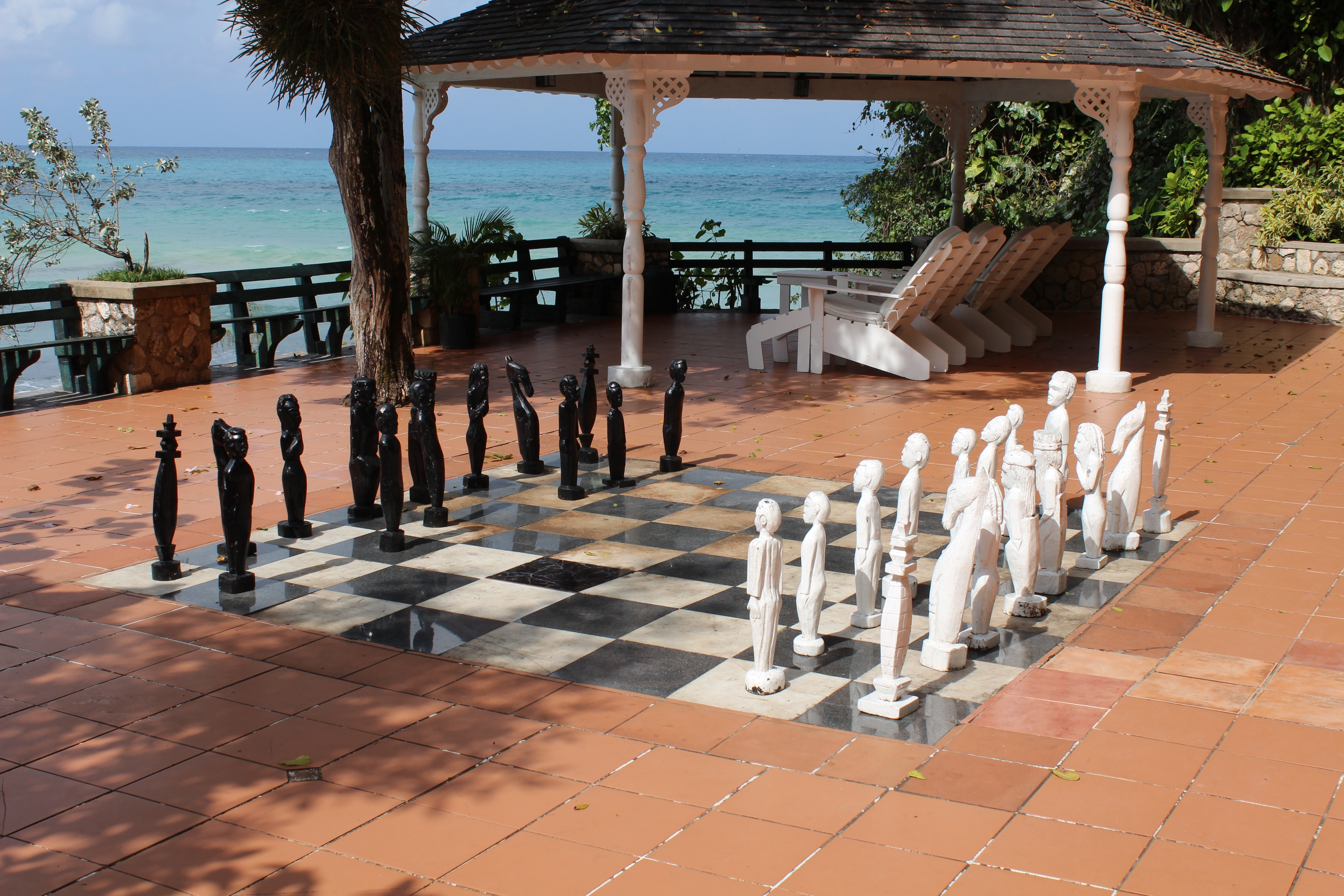 black and white outdoor tiles chess game