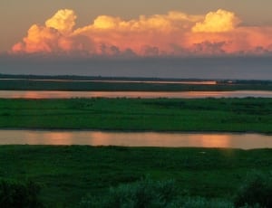 Dawn, Sunset, River, Water, Field, Sky, sunset, reflection thumbnail