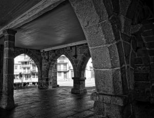 grayscale photo of building interior thumbnail