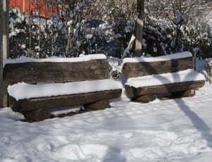 2 brown wooden benches thumbnail