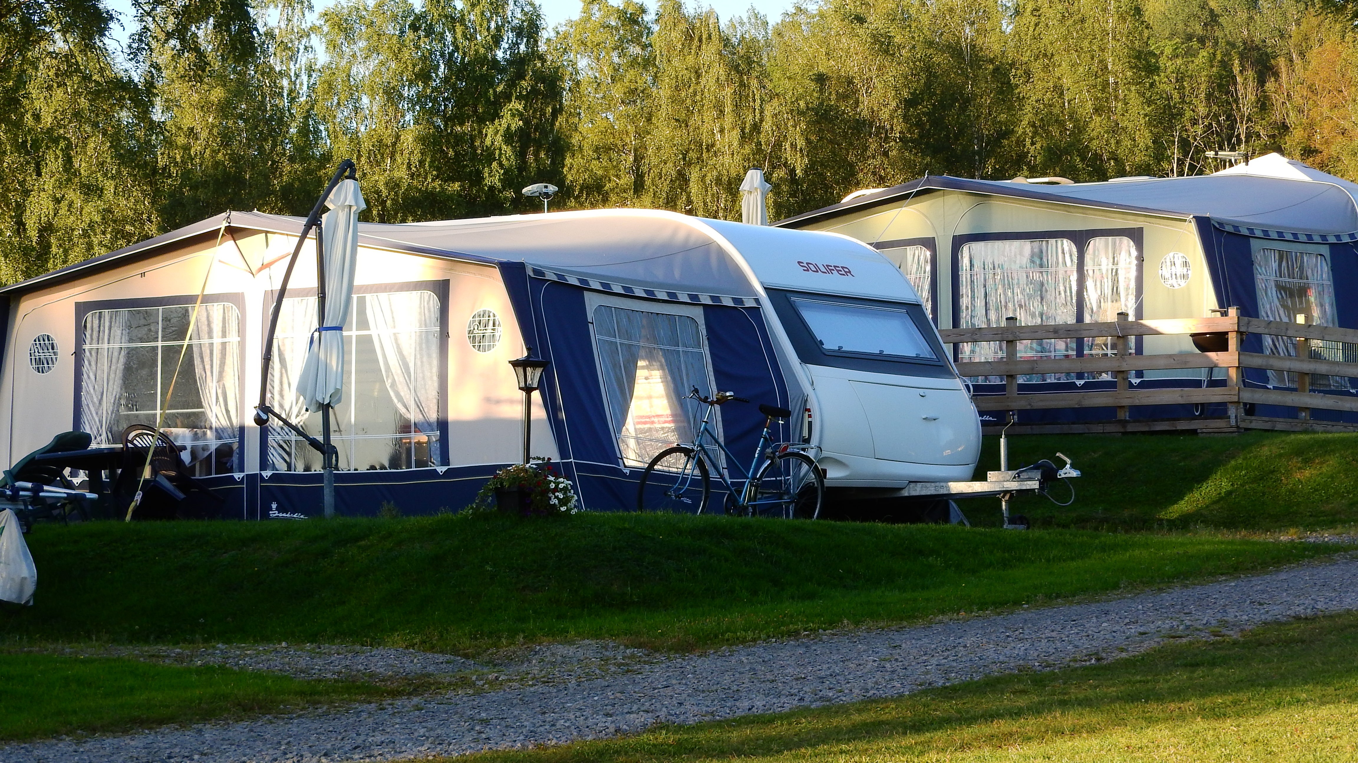 white blue camper trailer