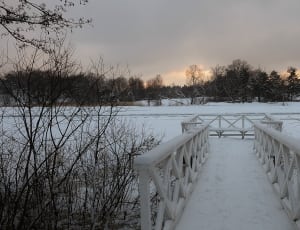 white wooden dock on frozen lake thumbnail