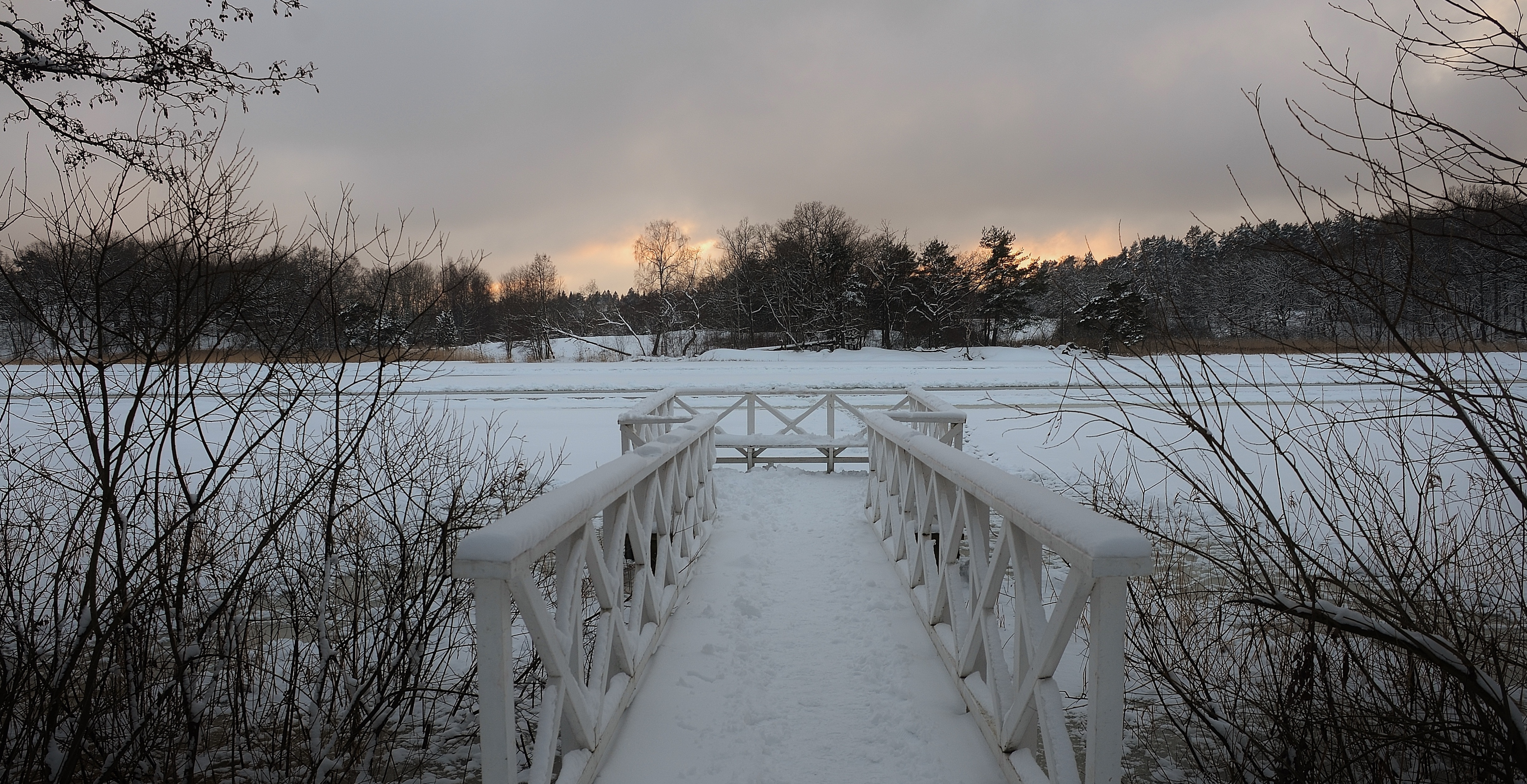 white wooden dock on frozen lake