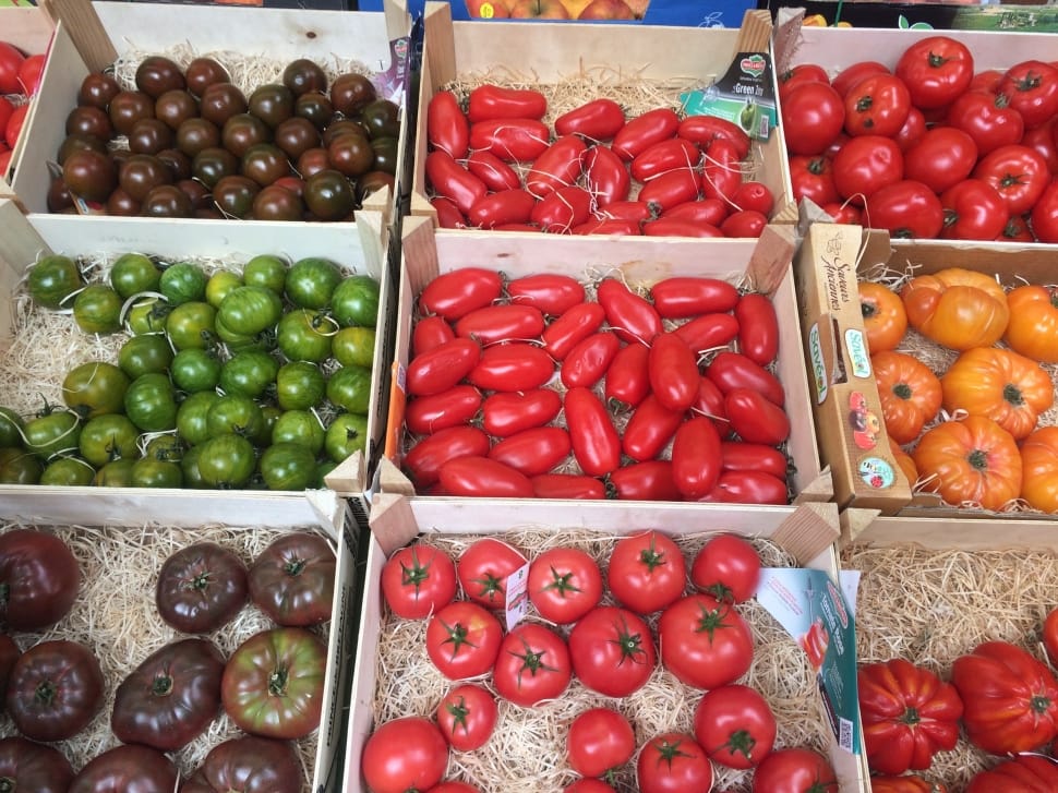 tomatoes and bell peppers in crates preview