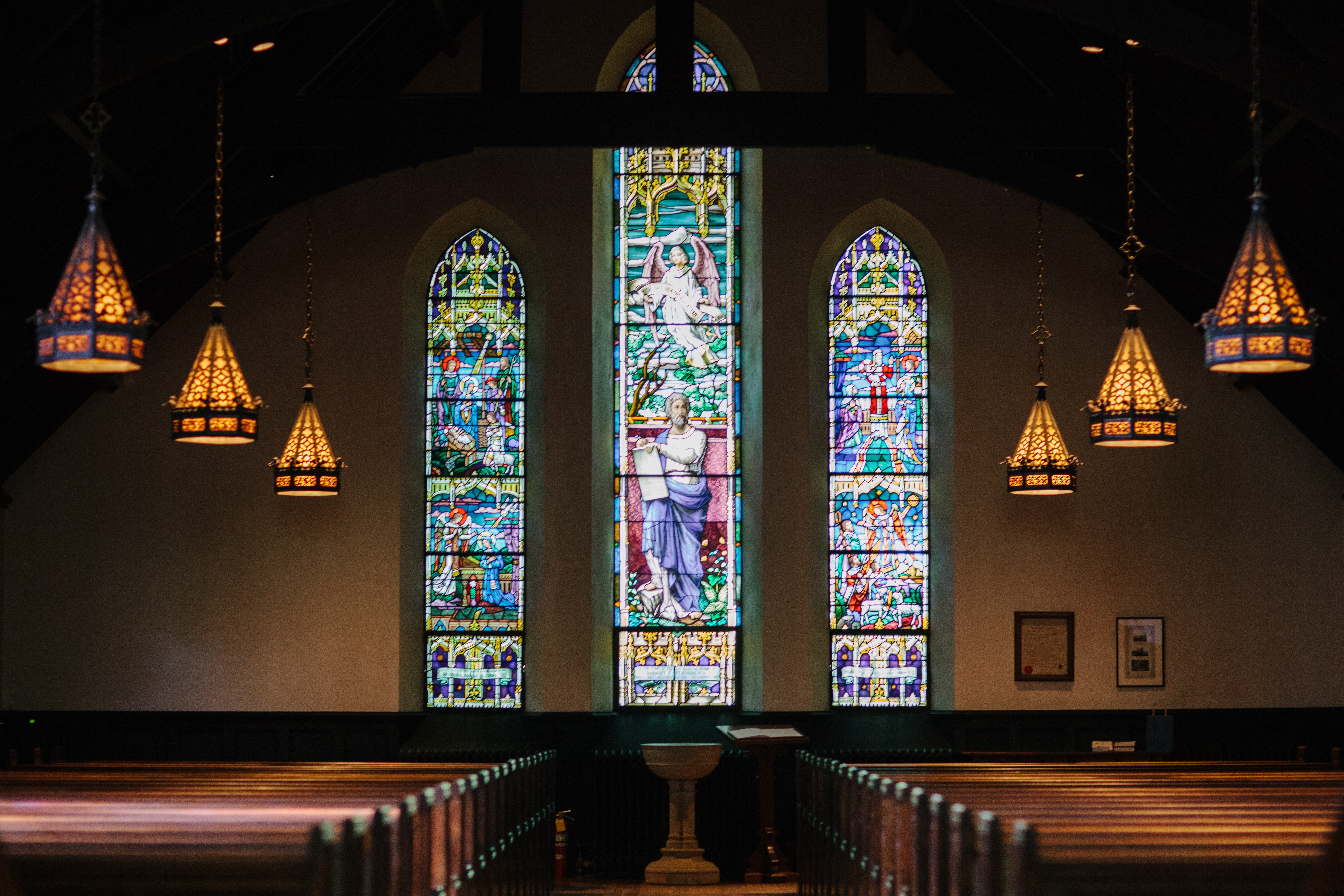 tiffany glass religious wall decor inside church