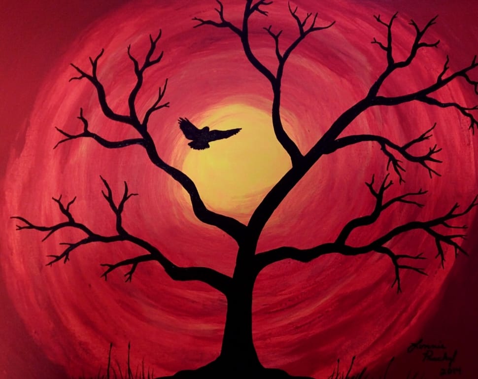 red and black silhouette of tree bird painting preview