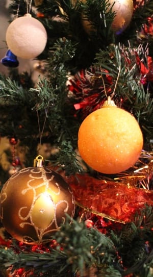 christmas baubles on christmas tree indoors thumbnail
