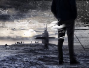 man's silhouette and submarine submerged in water thumbnail