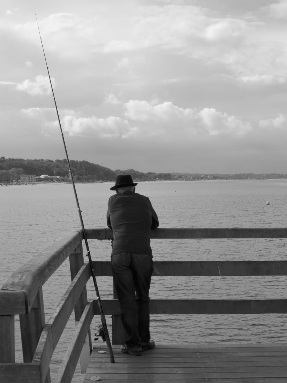 man in dock near on fishing rod grayscale photograph preview