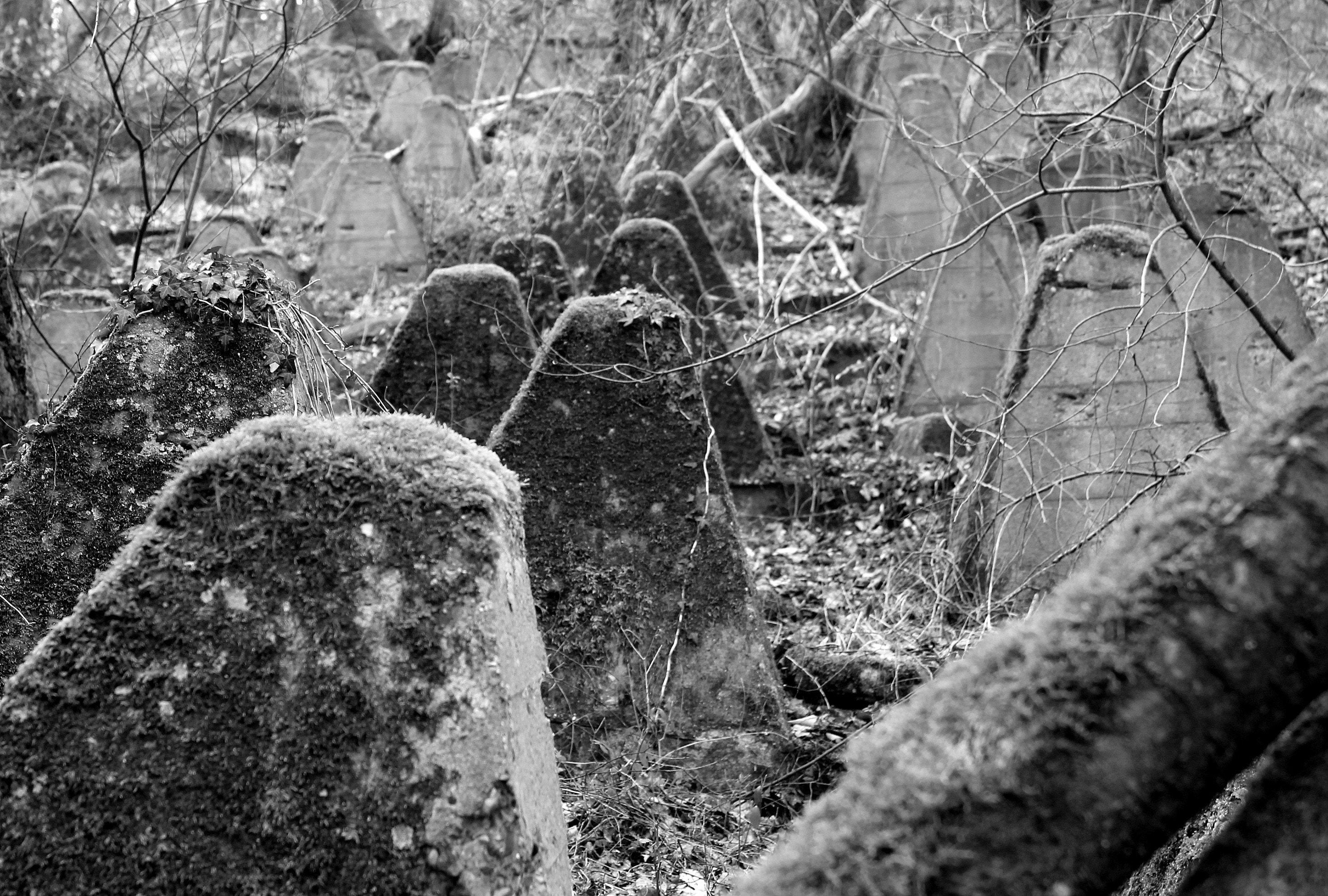 grayscale photo of tomb stones