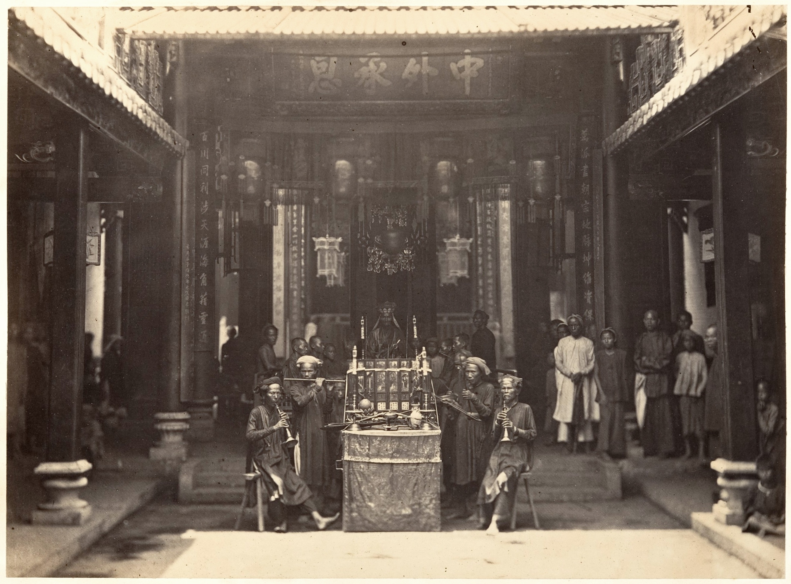grayscale photo of a people on the temple
