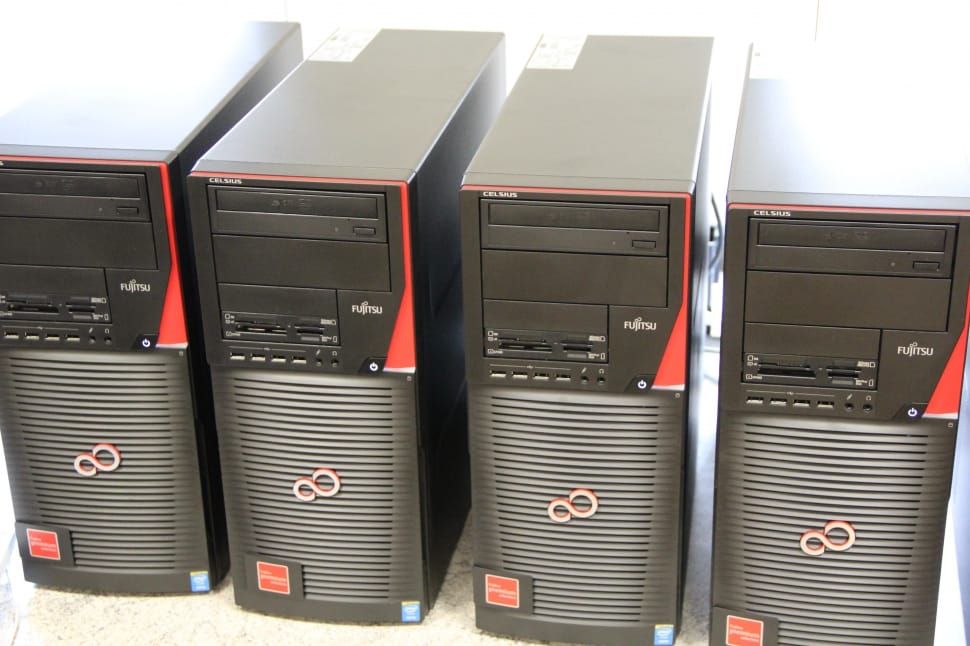 4 black and red computer towers preview