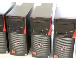 4 black and red computer towers thumbnail