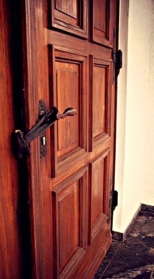 brown wooden door and gray steel lever thumbnail