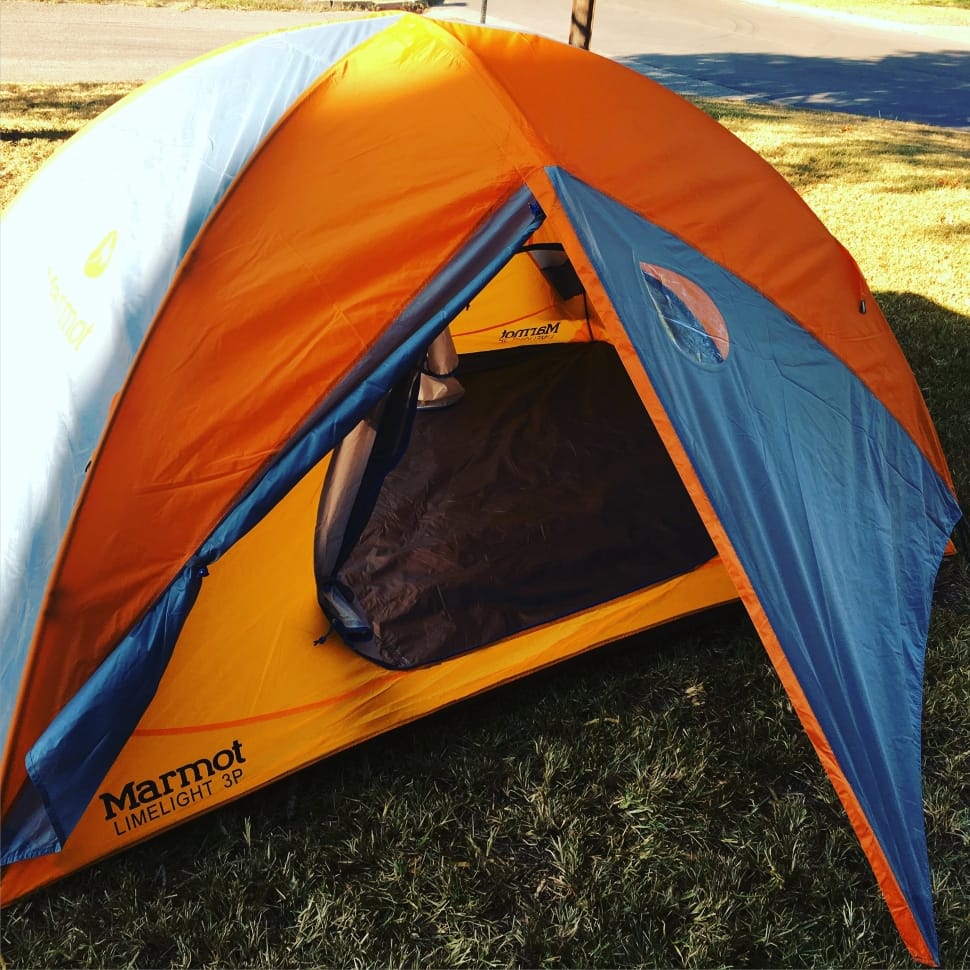 orange and blue marmot camping tent preview