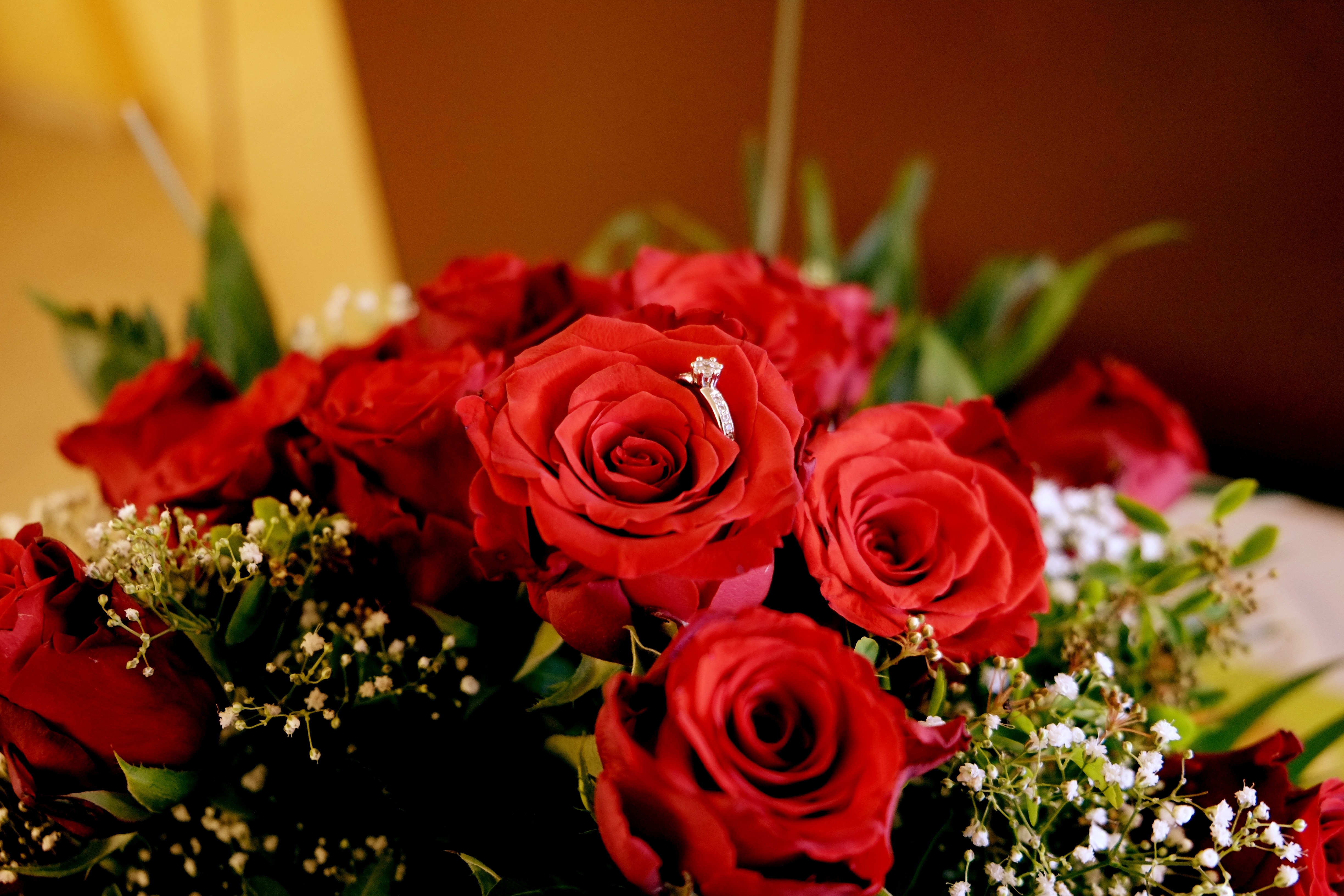 red roses and baby's breath flowers bouquet