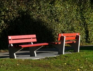 2 gray and red wooden bench thumbnail