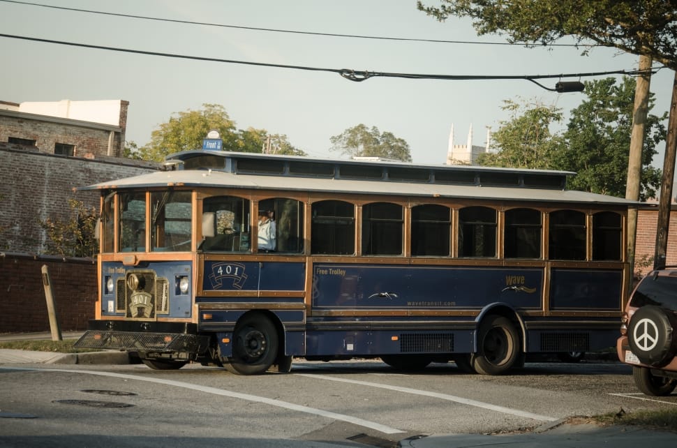 blue and brown bus on gray road during daytime preview