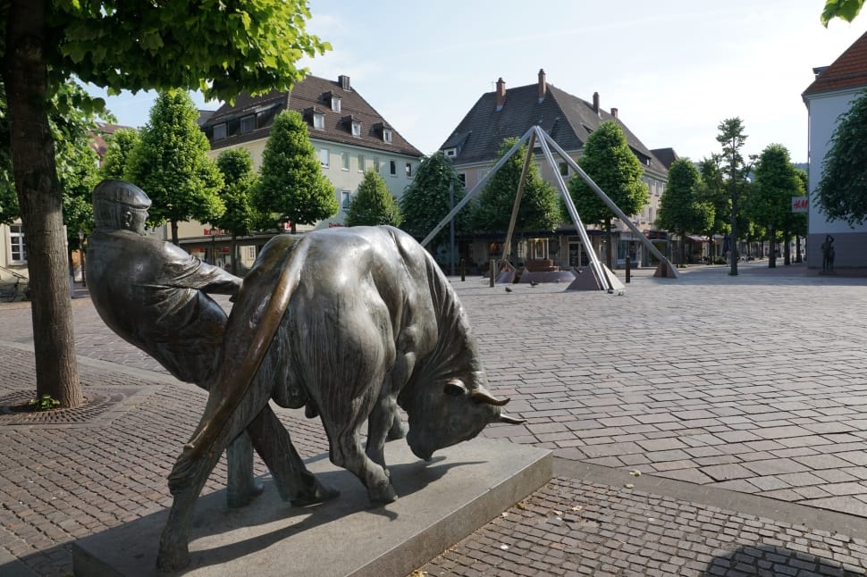man pulling buffalo statue preview