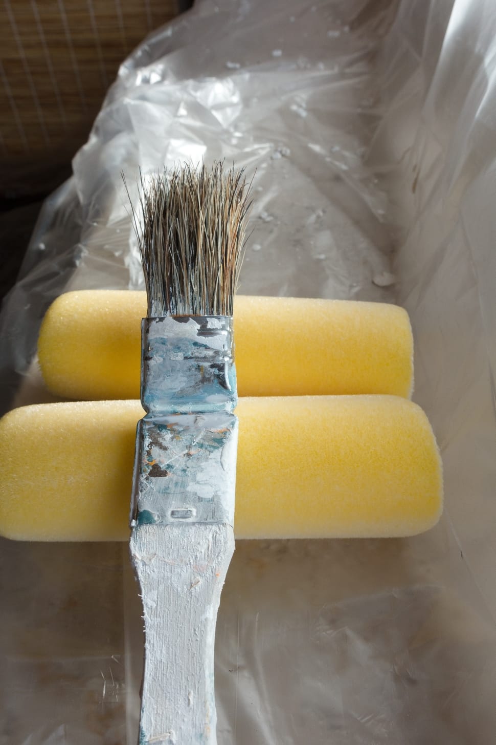 white handled paint brush and roller foam preview