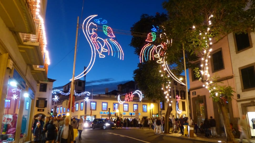 photo of lighted street decors near beige concrete buildings preview