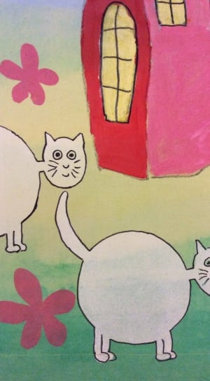 2 white cat and pink house artwork thumbnail