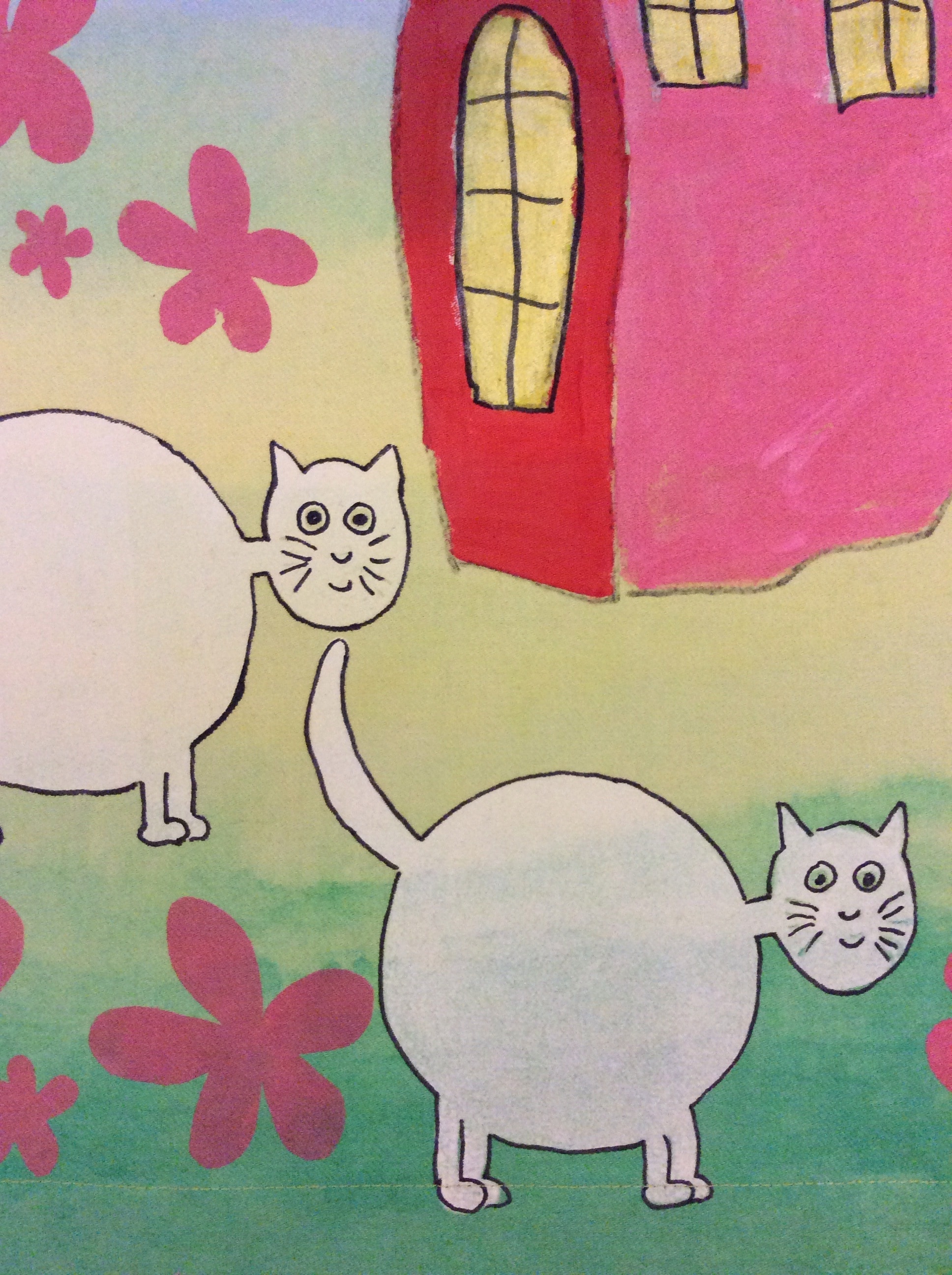 2 white cat and pink house artwork