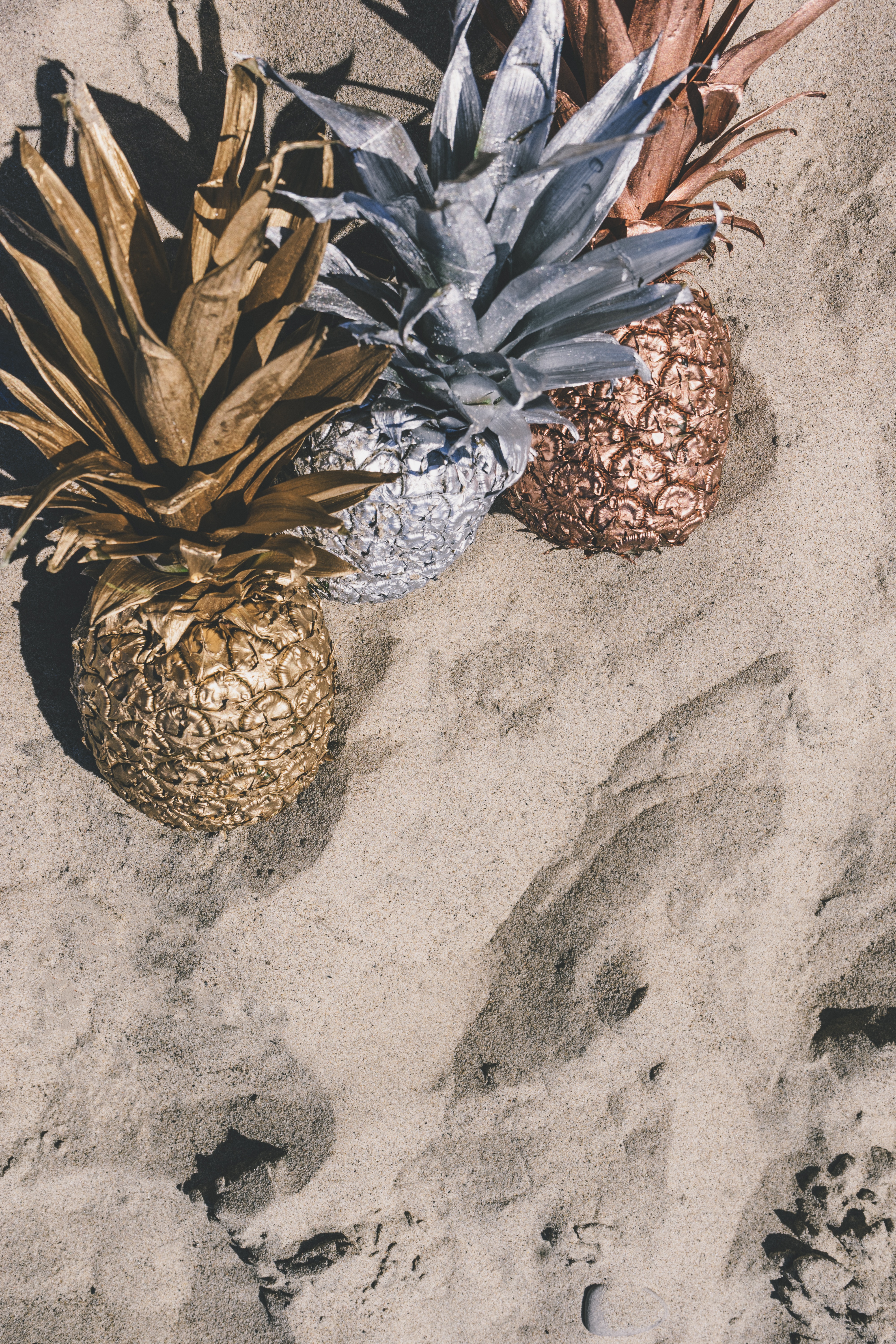 three brown and gray pineapples on brown sand field