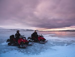 2 red and black snowmobiles thumbnail