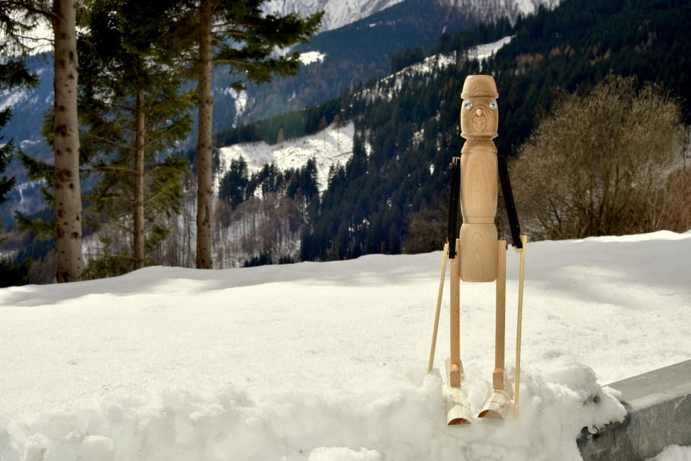 brown and black wooden puppet standing on snow surrounded with trees at daytime preview