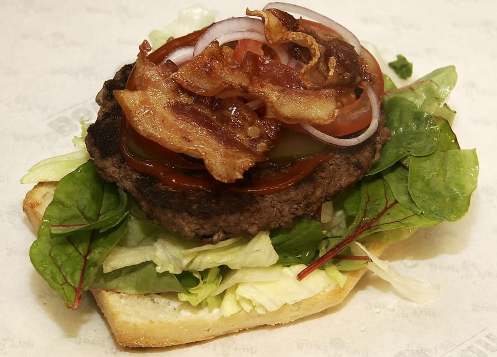 burger with vegetables and bacon topping preview