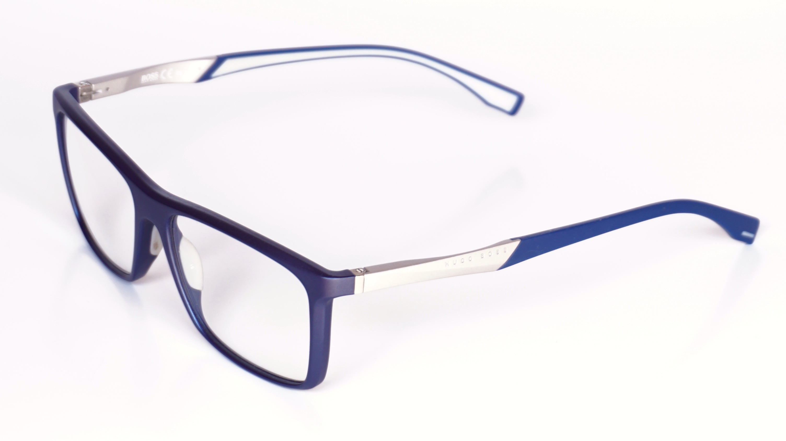 blue and white frame eyeglasses