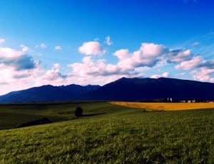 green grass field near mountain under white cloud blue skies thumbnail