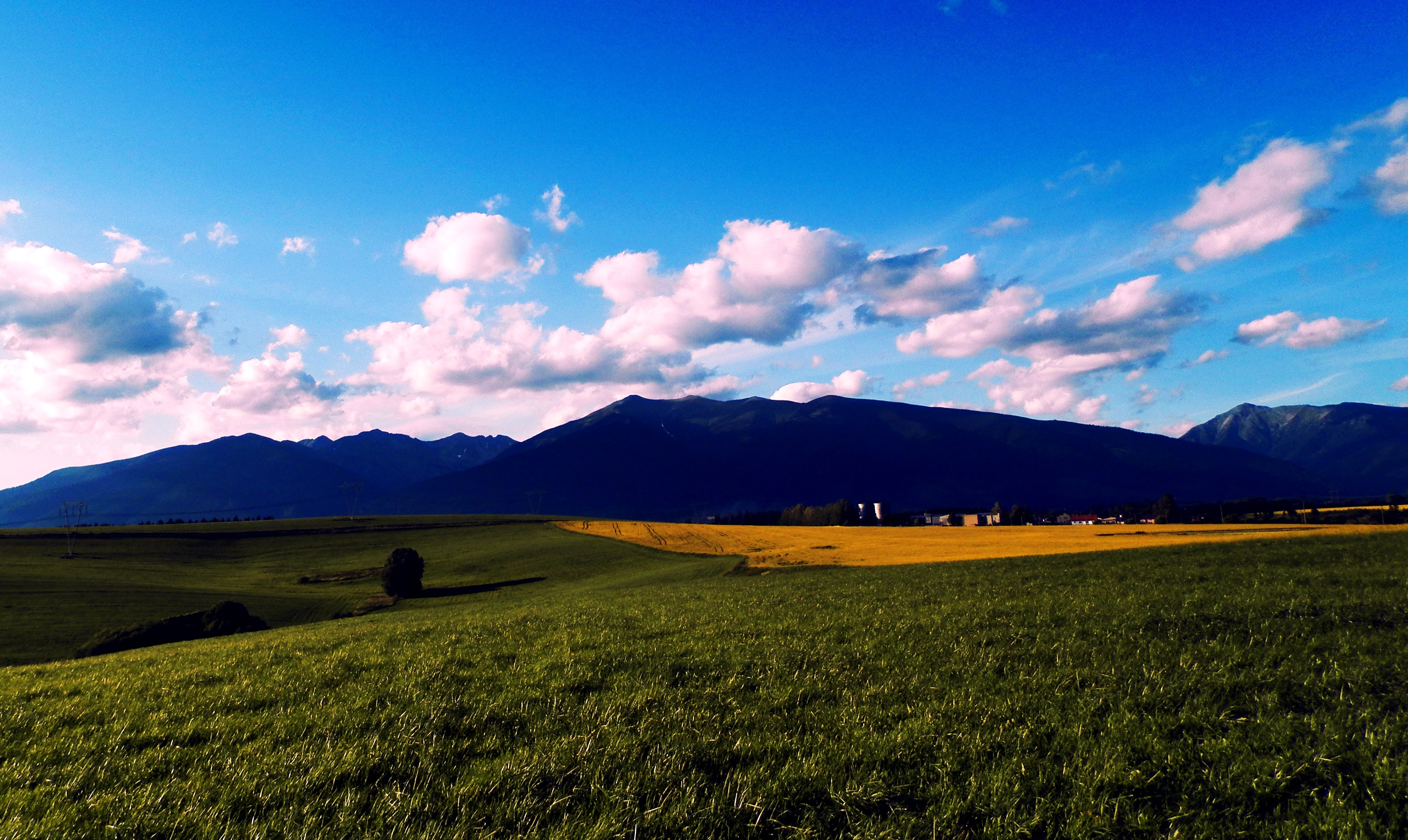green grass field near mountain under white cloud blue skies